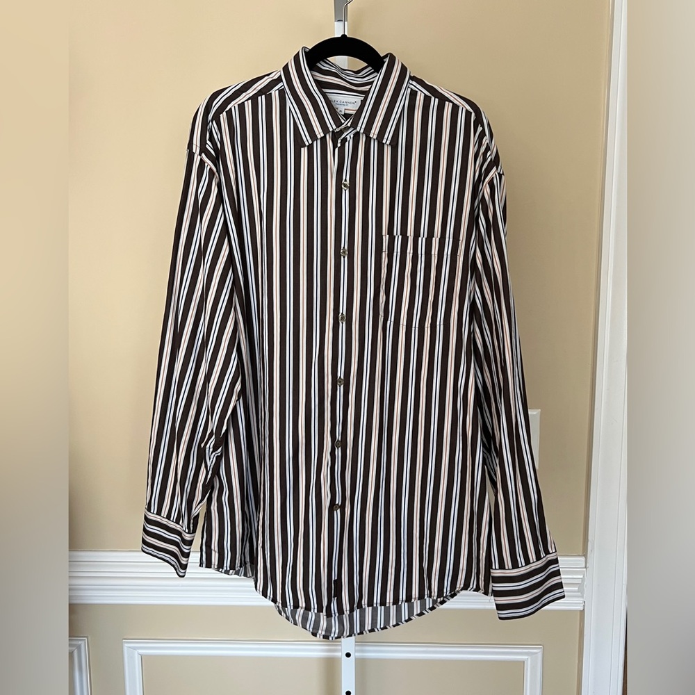Alex Cannon Brown Stripe 100% Cotton Button Up Long Sleeve Shirt Size XL